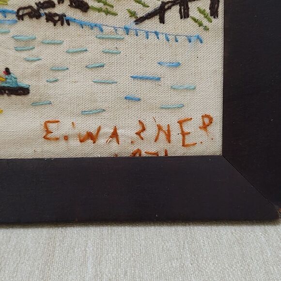 Vintage 1970's Handmade Crewel Fall Country Farm Scene Wood Framed Art Signed - Picture 7 of 11